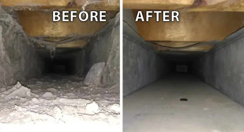Before and after pictures of an air duct before cleaning,